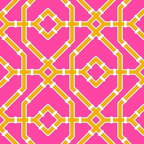 Preppy spring  bamboo trellis - marigold on hot pink - bright chinoiserie - large