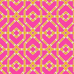 Preppy spring  bamboo trellis - marigold on hot pink - bright chinoiserie - medium