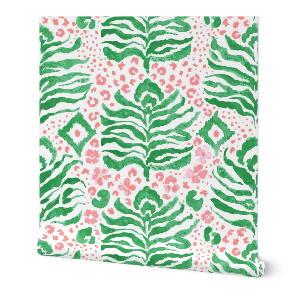 Abstract Animal Print- Wild Kat watercolor in preppy pink and fresh Kelly Green on White