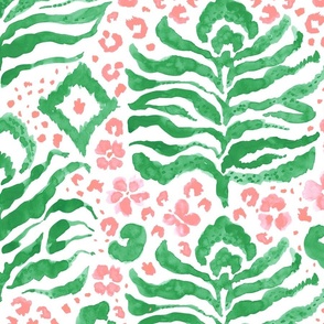 Abstract Animal Print- Wild Kat watercolor in preppy pink and fresh Kelly Green on White