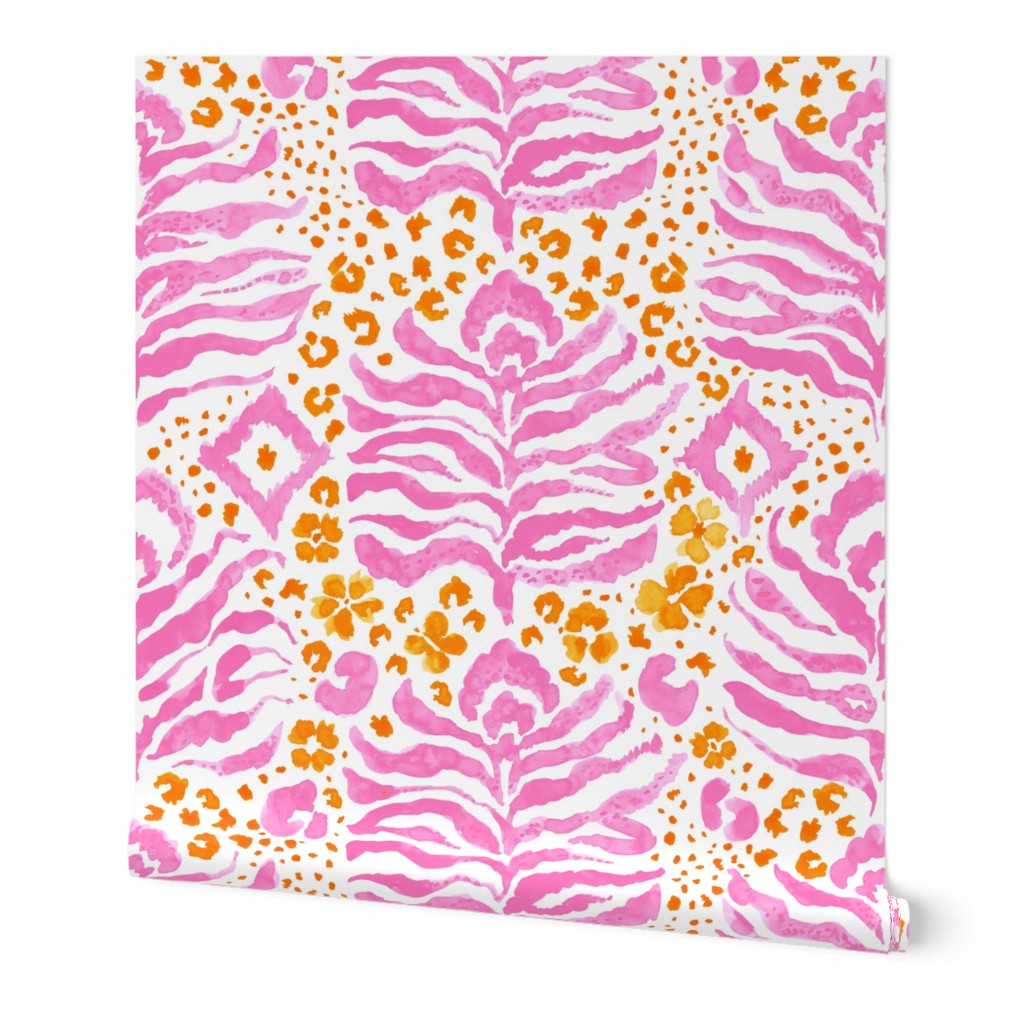 Abstract Animal Print- Wild Kat in Hot Pink and Tangerine- Hand Painted Watercolor Tiger/Leopard / Ikat-inspired- Large repeat