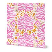 Abstract Animal Print- Wild Kat in Hot Pink and Tangerine- Hand Painted Watercolor Tiger/Leopard / Ikat-inspired- Large repeat