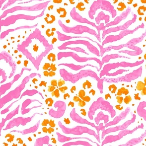 Abstract Animal Print- Wild Kat in Hot Pink and Tangerine- Hand Painted Watercolor Tiger/Leopard / Ikat-inspired- Large repeat