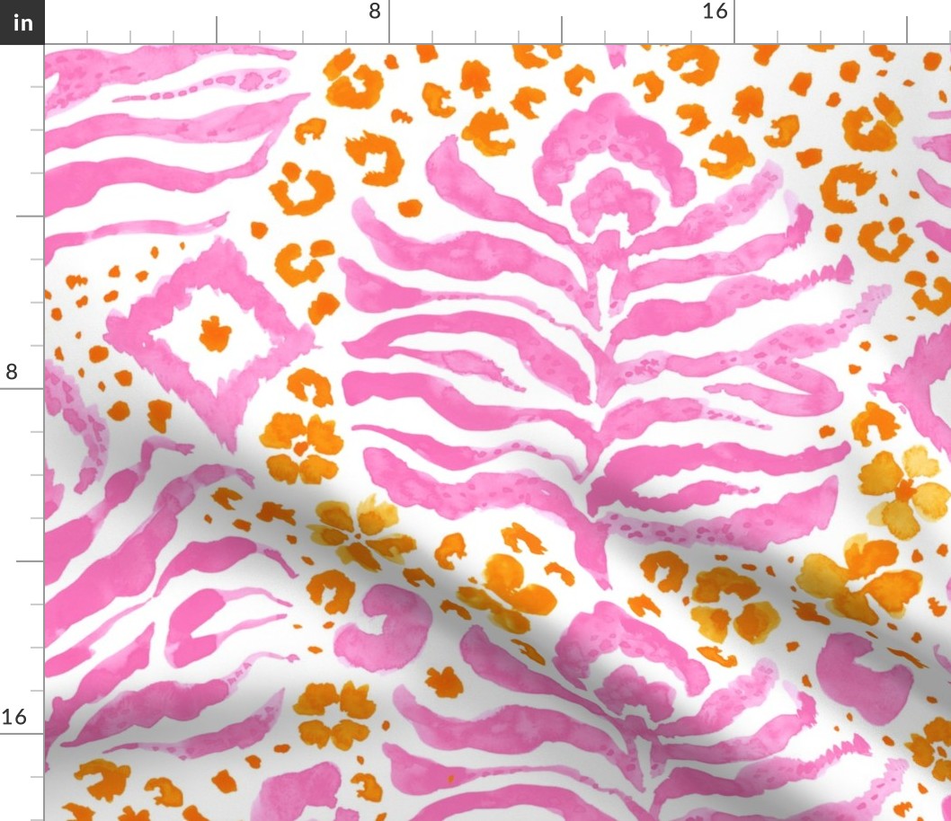 Abstract Animal Print- Wild Kat in Hot Pink and Tangerine- Hand Painted Watercolor Tiger/Leopard / Ikat-inspired- Large repeat