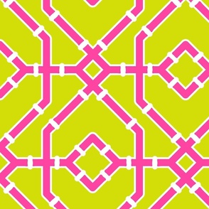 Preppy spring  bamboo trellis - hot pink on chartreuse - bright chinoiserie - extra large
