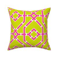 Preppy spring  bamboo trellis - hot pink on chartreuse - bright chinoiserie - large