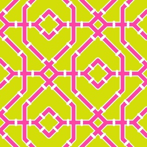 Preppy spring  bamboo trellis - hot pink on chartreuse - bright chinoiserie - large
