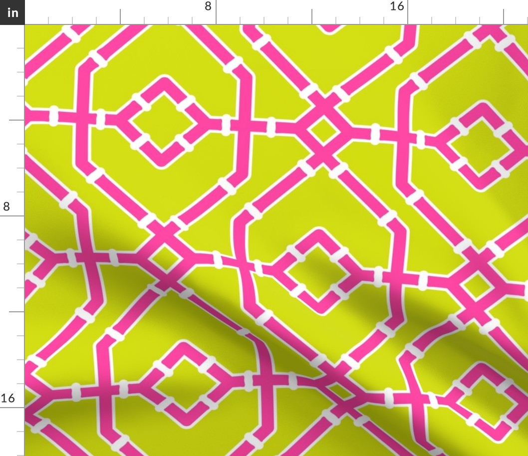 Preppy spring  bamboo trellis - hot pink on chartreuse - bright chinoiserie - large