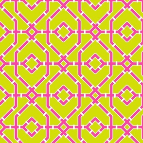 Preppy spring  bamboo trellis - hot pink on chartreuse - bright chinoiserie - medium