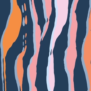 (L) animal print - orange, peach and pink striped tiger-zebra on a blue background