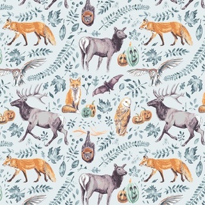 Wildlife backgrounds Halloween aesthetic: whimsical, magical enchanted forest with woodland fall animals, fox, owl, bat, wapiti bull cow elk in aqua blue, rust orange and violet purple / 230202 Moonlit Meadow Light / Large Scale