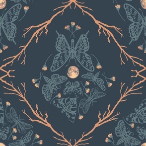 Gothic Harvest Damask - Dark Blue Butterfly and Moth Full Moon Halloween AestheticDesign  / 230208 Full Moon Flight / Large Scale