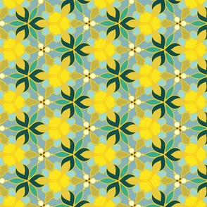 Retro 1960s Vintage Yellow Teal and Blue Floral 