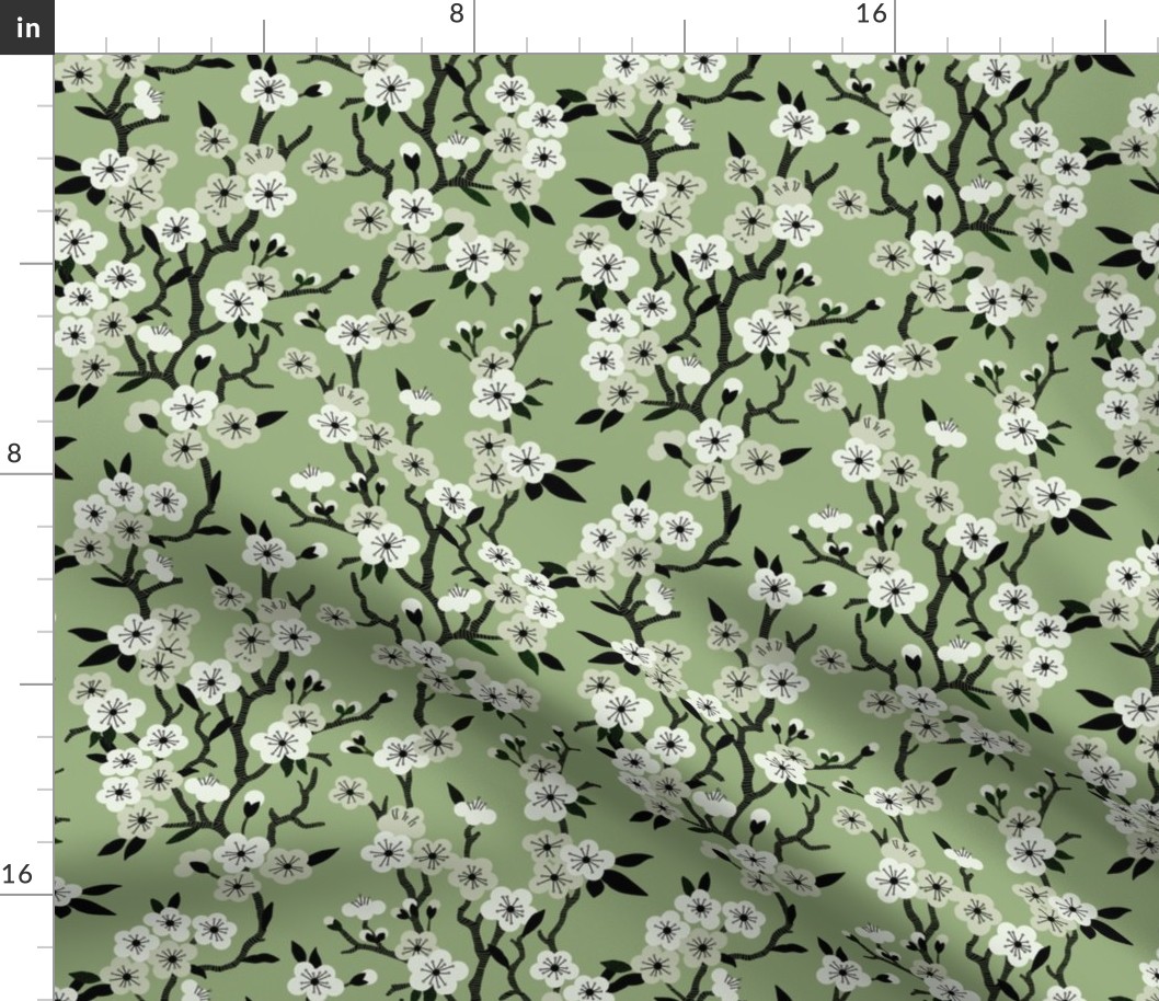 Cherry Blossom Floral - Avocado Green