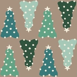 Blue and green preppy christmas trees with white trims on a beige background