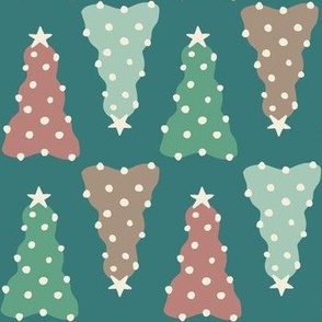 Pastel preppy christmas trees with white trims on a teal background