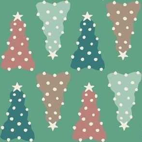 Pastel preppy christmas trees with white trims on a jadeite green background