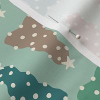 Pastel preppy christmas trees with white trims on a aqua background
