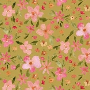 Watercolor floral 6 inch, pink and green on savannah green