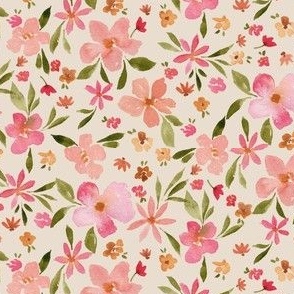 Watercolor floral 6 inch, pink and green on cream