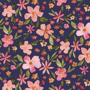 Watercolor floral 6 inch, pink and green on Navy blue
