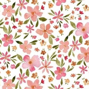 Watercolor floral 6 inch, pink and green on white