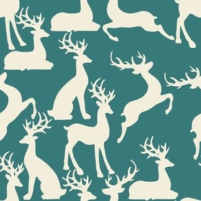 Teal jumping and sitting reindeer for preppy christmas table fabric and wallpaper