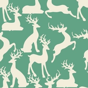 White jumping and sitting reindeer on a beige background. Perfect for preppy christmas table fabric and wallpaper