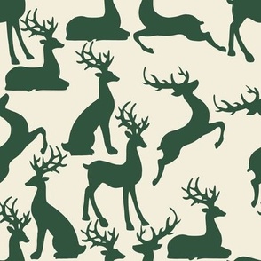 Dark green jumping and sitting preppy reindeer for christmas table fabric and wallpaper