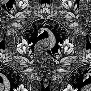 Victorian Peacock Woodcut Collage in Black and White  - Coordinate
