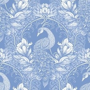 Victorian Peacock Woodcut Collage in Wedgewood Blue - Coordinate