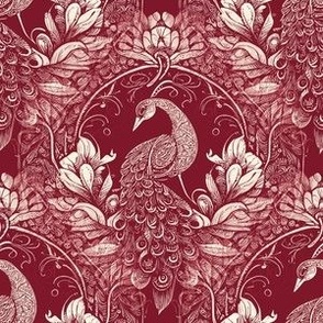 Victorian Peacock Woodcut Collage in Burgundy and Ivory  - Coordinate