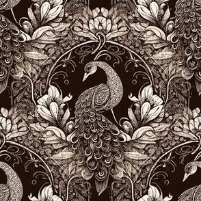 Victorian Peacock Woodcut Collage in Sepia - Coordinate