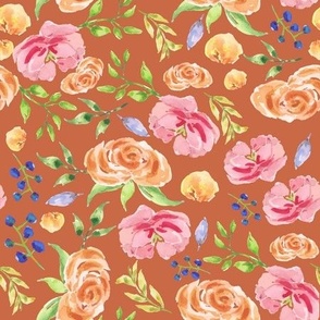 Hand Painted Watercolor Spring Floral on Brown Background