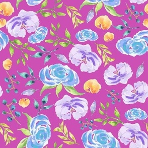 Hand Painted Watercolor Spring Floral on Magenta Background