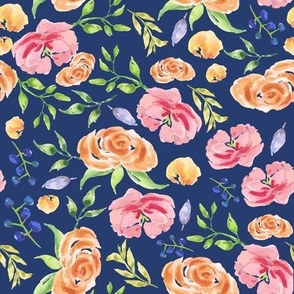 Hand Painted Watercolor Spring Floral on Navy Blue Background