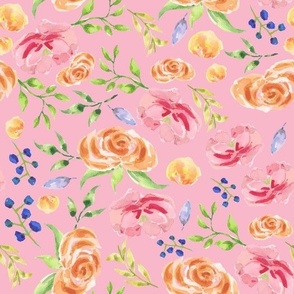 Hand Painted Watercolor Spring Floral on Pink Background