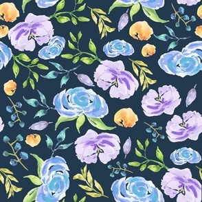 Hand Painted Watercolor Spring Purple Floral on Navy Blue Background