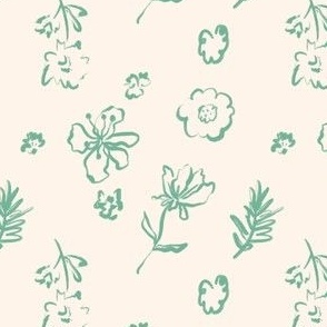 Two Tone Hand Drawn Abstract Floral in Beige and Green