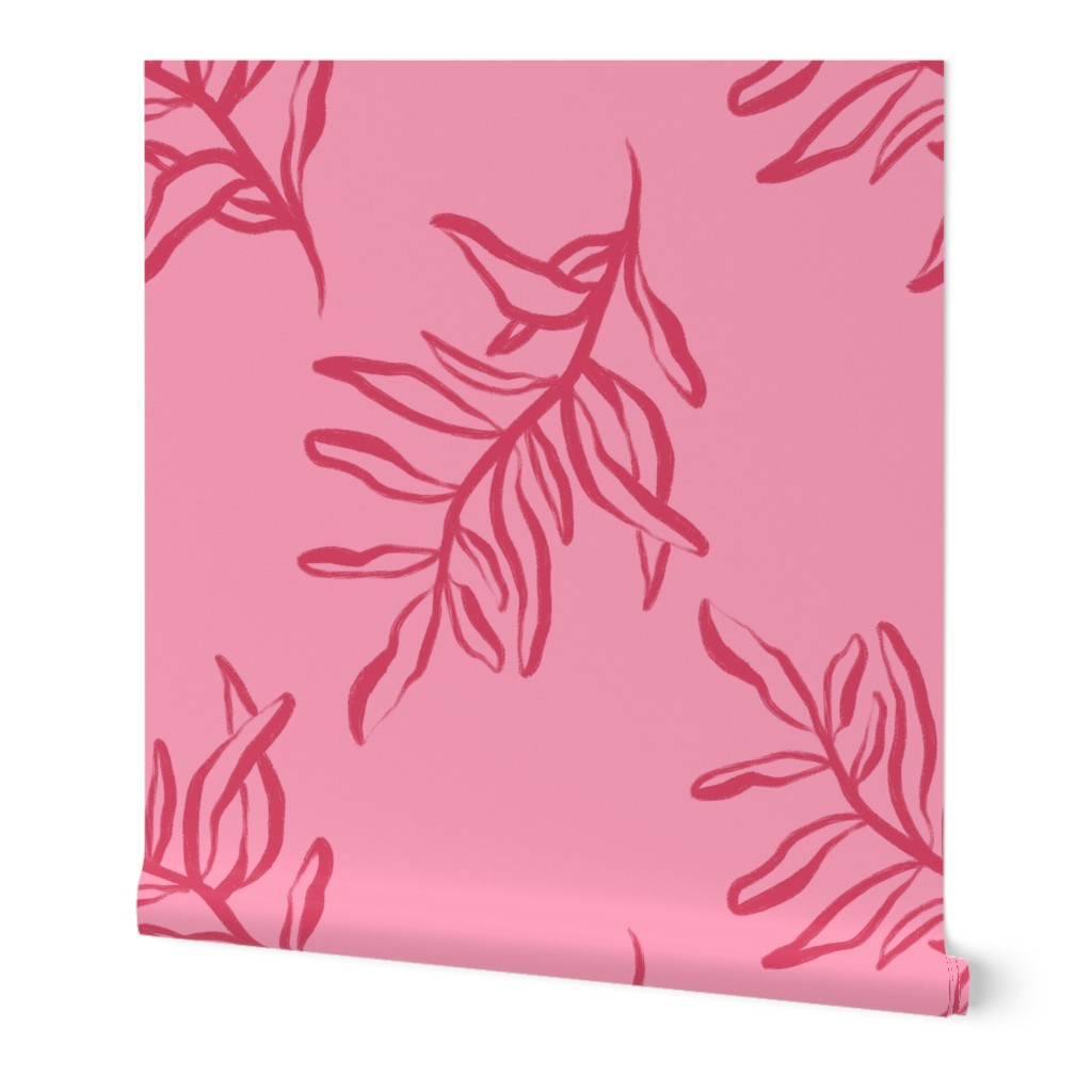 Two Tone Hand Drawn Abstract Leaves in Shocking Pink and Red