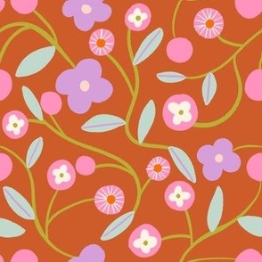 Colorful Hand Drawn Floral Botanical in Orange Brown Background