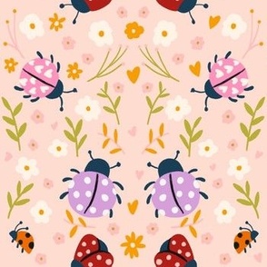 Colorful Hand Drawn Ladybug and Flowers in Light Peach Background