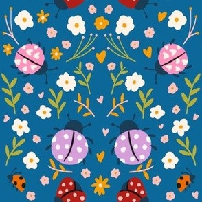 Colorful Hand Drawn Ladybug and Flowers in Blue Background