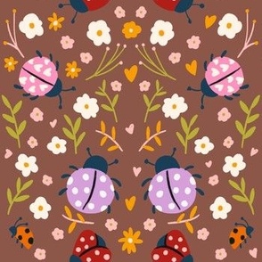 Colorful Hand Drawn Ladybug and Flowers in Brown Background