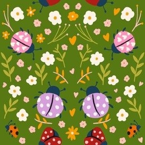 Colorful Hand Drawn Ladybug and Flowers in Green Background