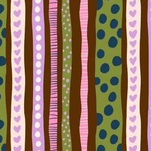 Hand Drawn Vertical Stripes with Dots and Heart Shapes in Brown Background