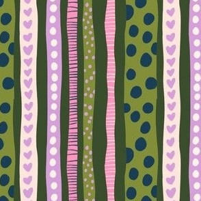 Hand Drawn Vertical Stripes with Dots and Heart Shapes in Green Background