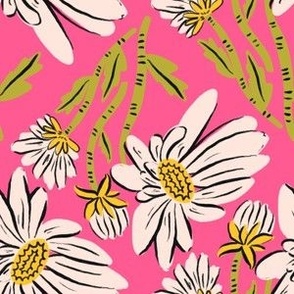 Hand Drawn White Daisy Flower in Shocking Pink Background