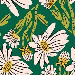 Hand Drawn White Daisy Flower in Green Background