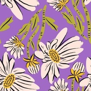 Hand Drawn White Daisy Flower in Purple Background